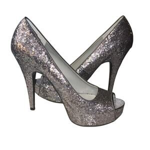 Vera Wang Charcoal Glitter Peep-Toe Stiletto Heels Size 7.5 in box Formal EUC